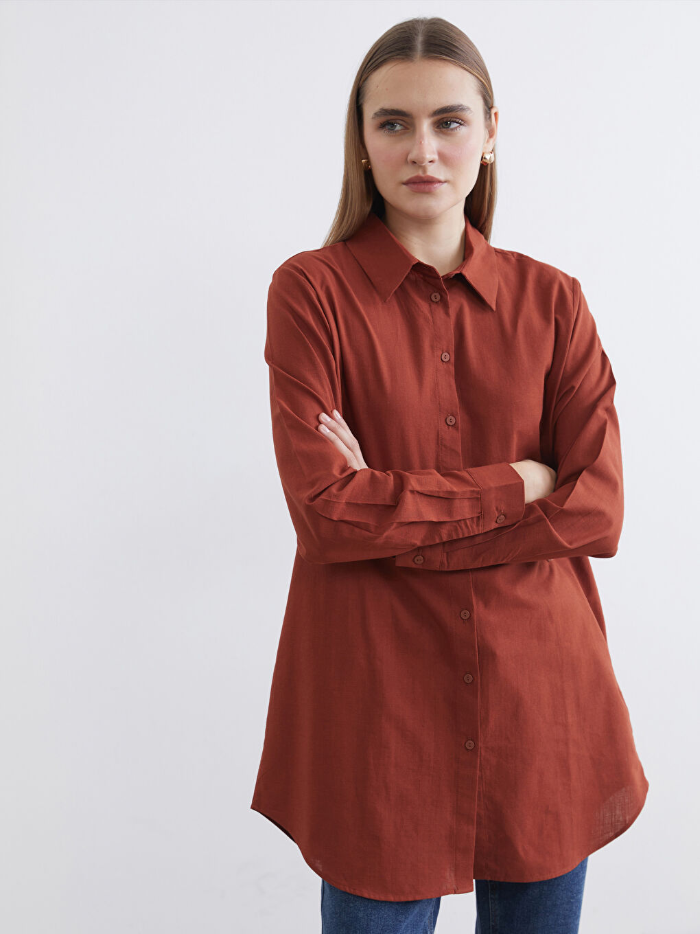 Kahverengi Regular Fit Kadın Gömlek Tunik