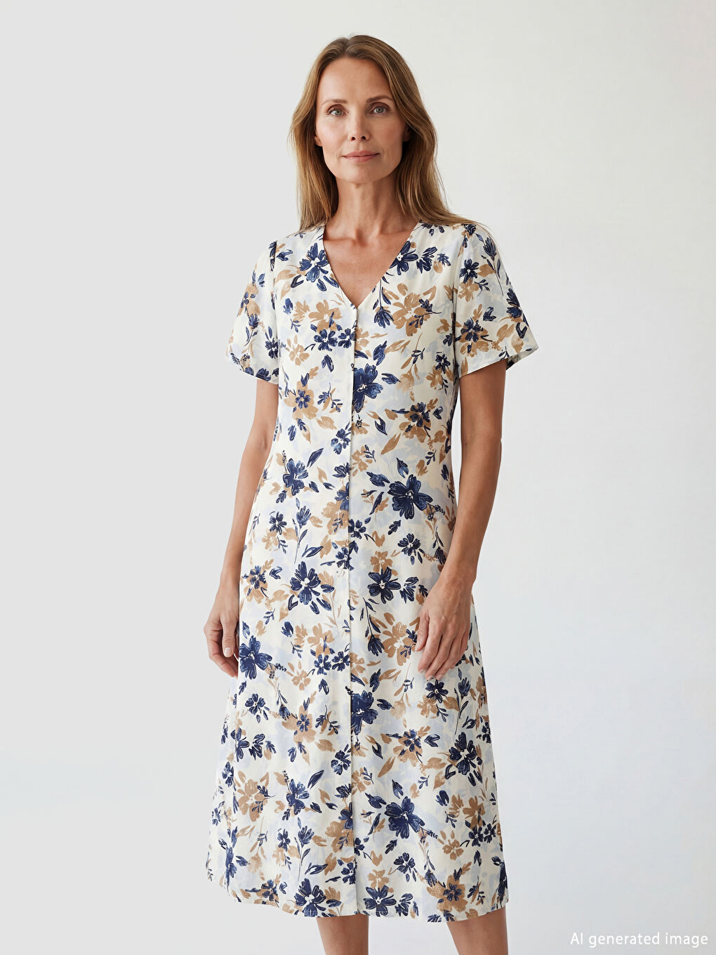 Ekru V Yaka Çiçekli Poplin Elbise-1