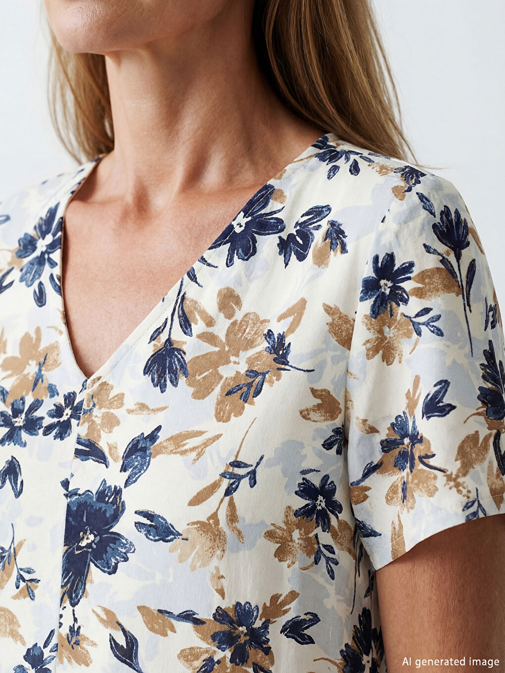 Ekru V Yaka Çiçekli Poplin Elbise-2