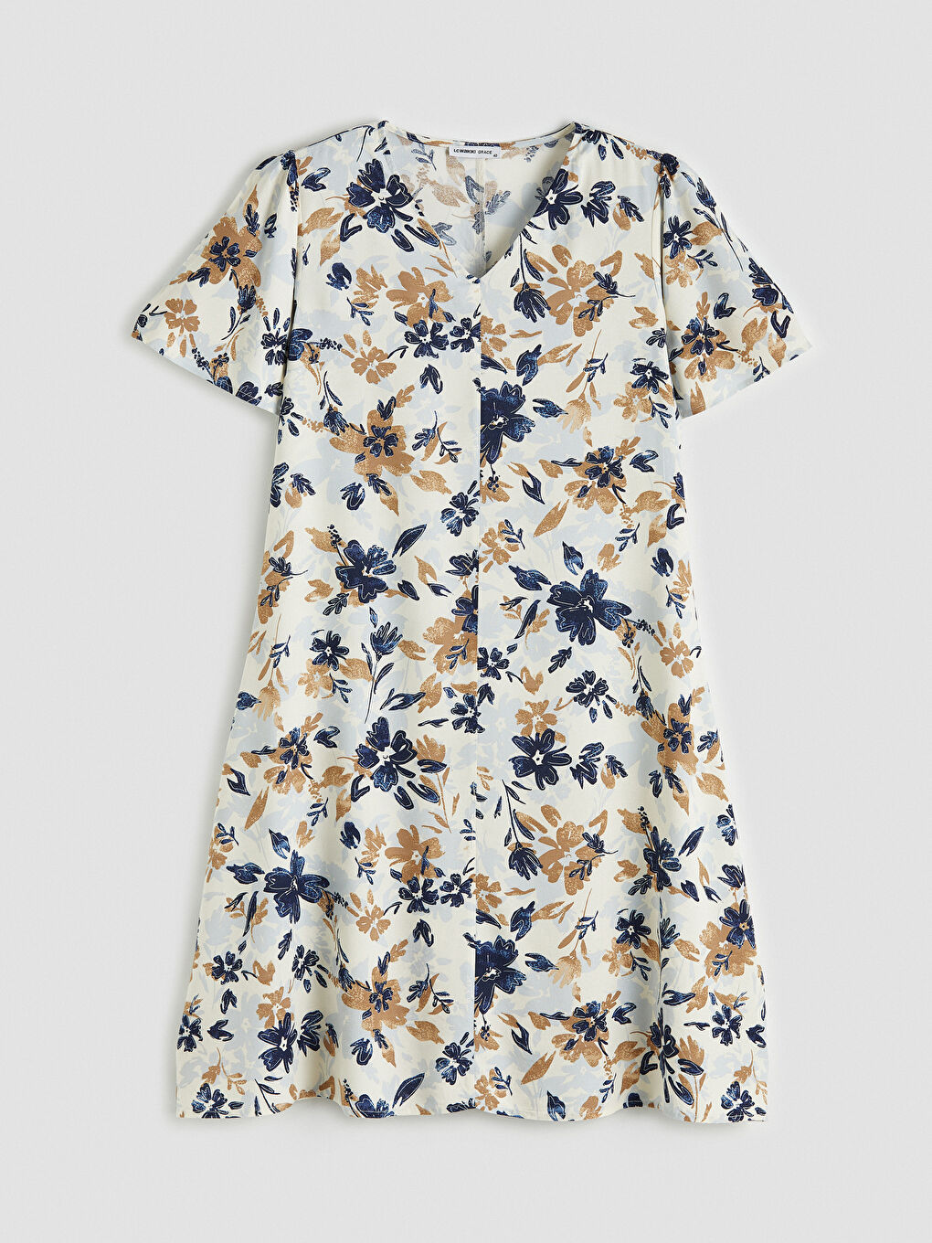 Ekru V Yaka Çiçekli Poplin Elbise-3