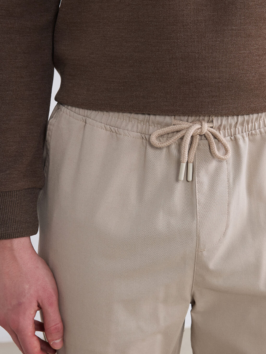 Bej Standart Fit Beli Lastikli Erkek Pantolon-2