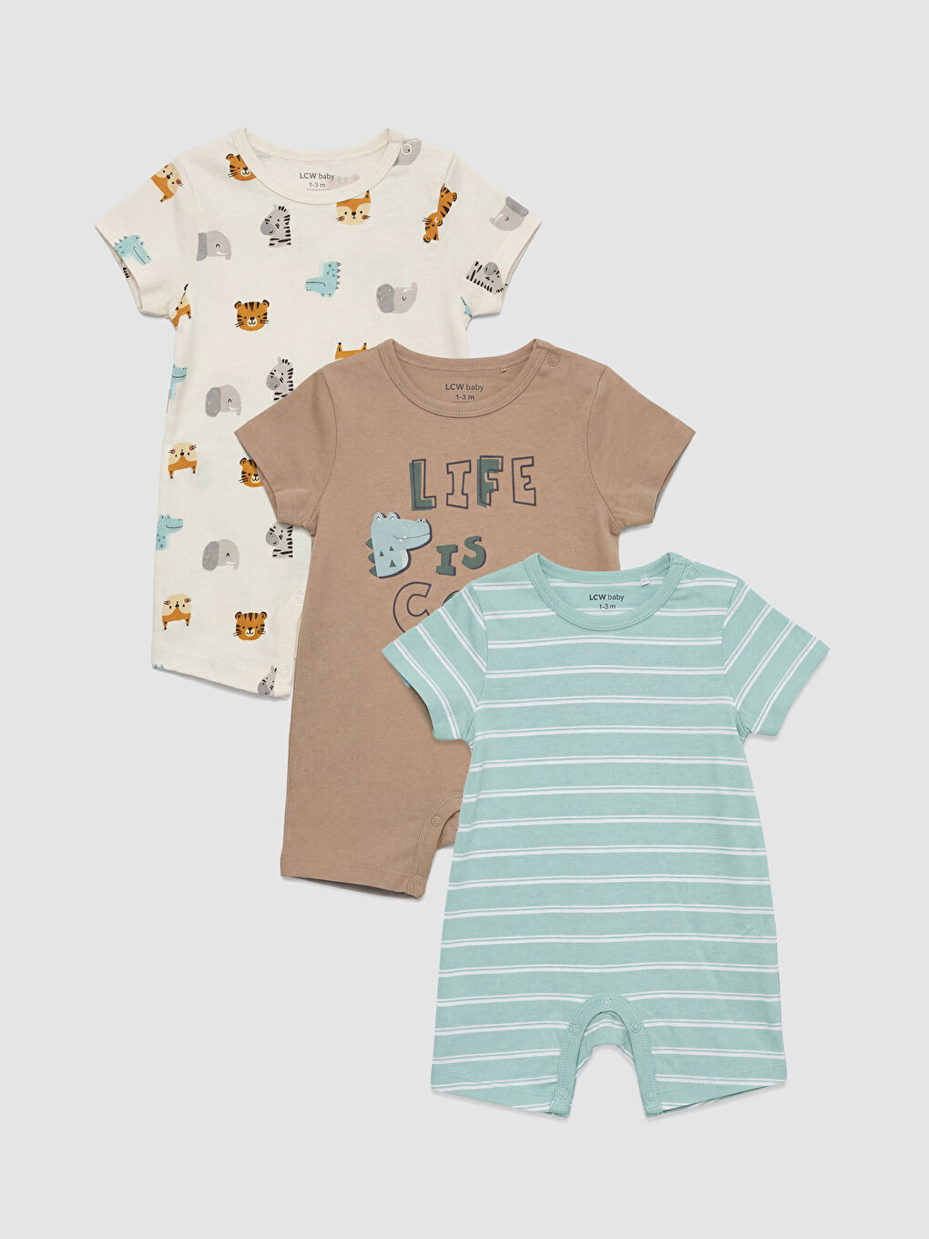 Crew Neck Printed Baby Boys' Jersey Jumpsuit 3-packs