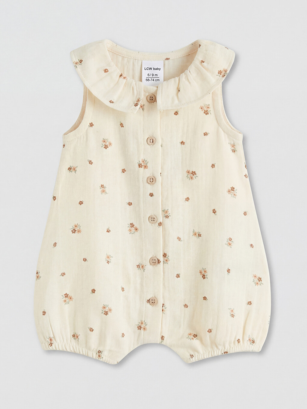 Ekru Bebe Yaka Baskılı Kız Bebek Müslin Tulum