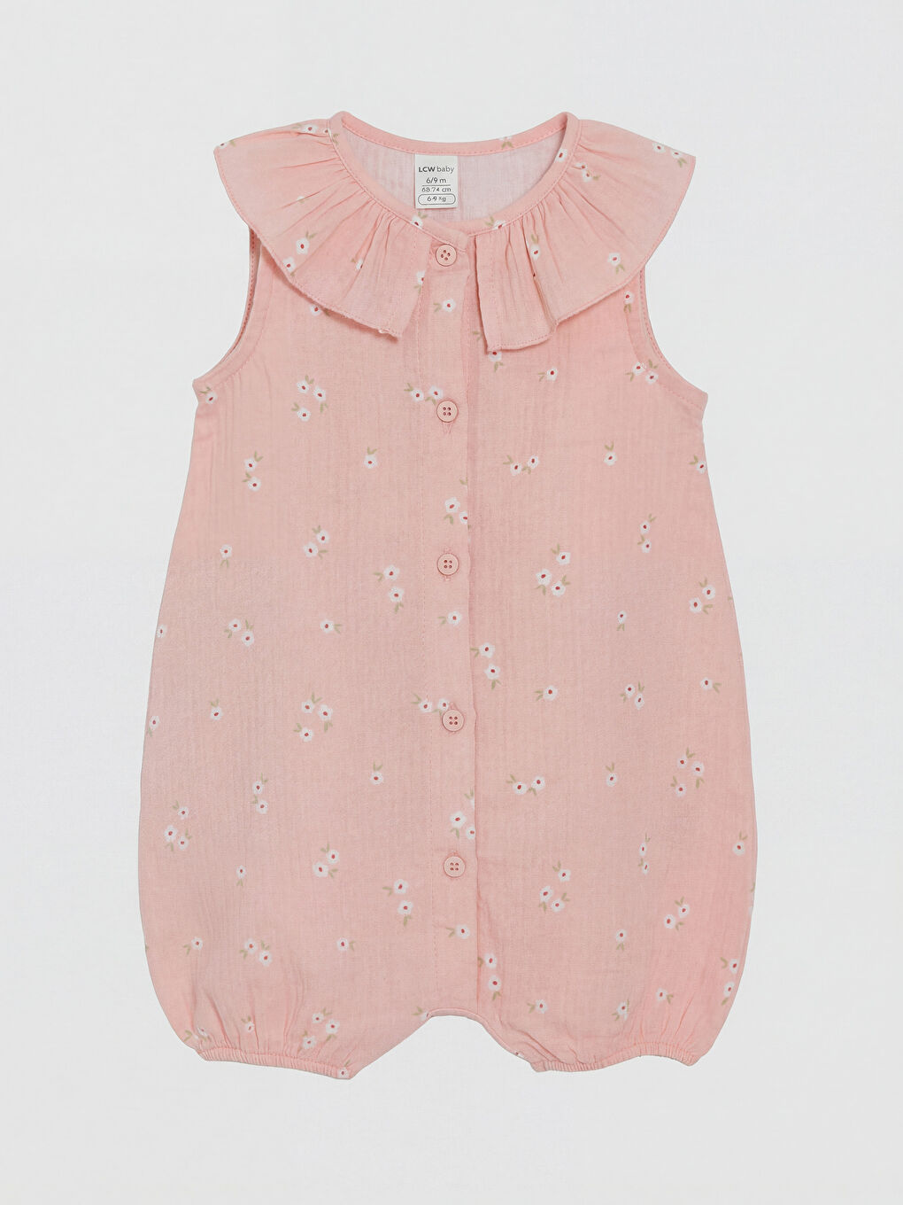 Pembe Fırfırlı Bebe Yaka Baskılı Kız Bebek Müslin Tulum