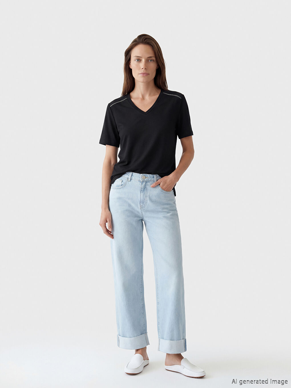 Siyah V Yaka Kadın Tişört-1