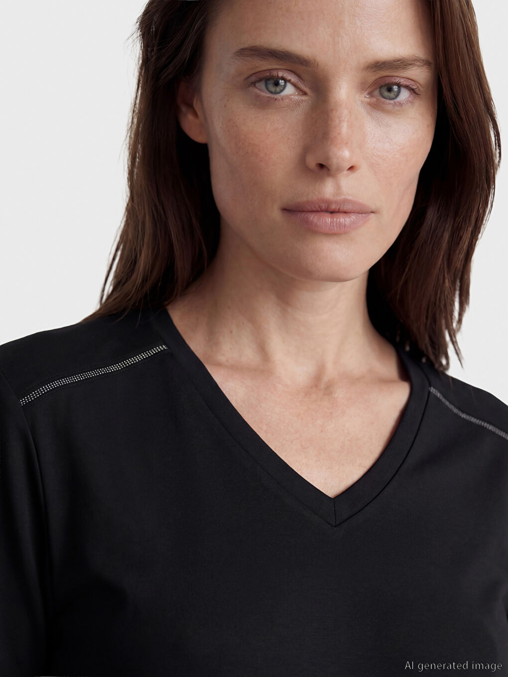 Siyah V Yaka Kadın Tişört-2