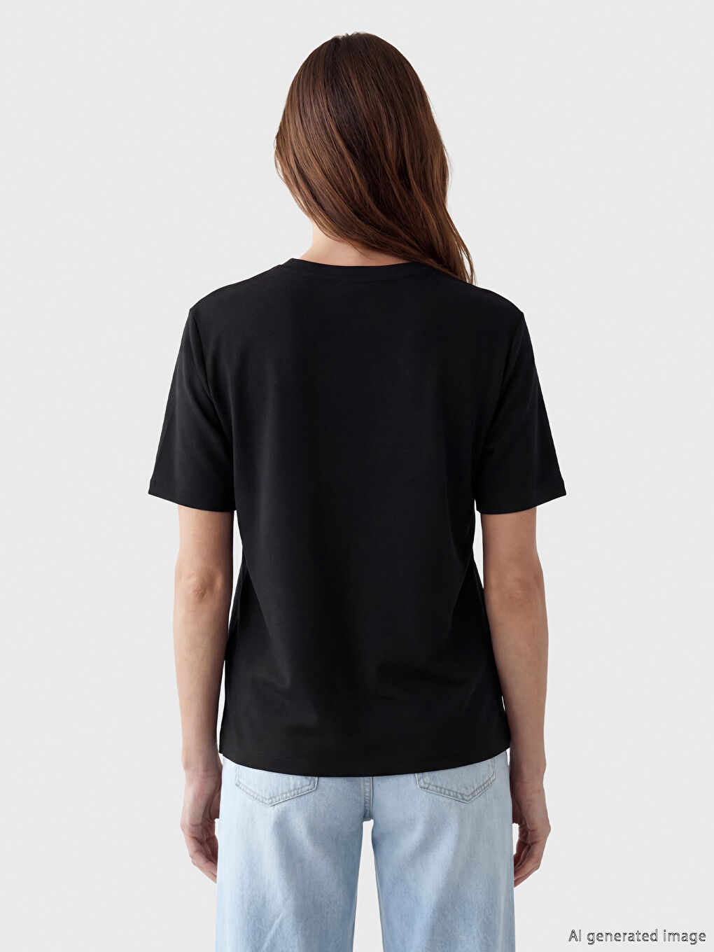 Siyah V Yaka Kadın Tişört-3