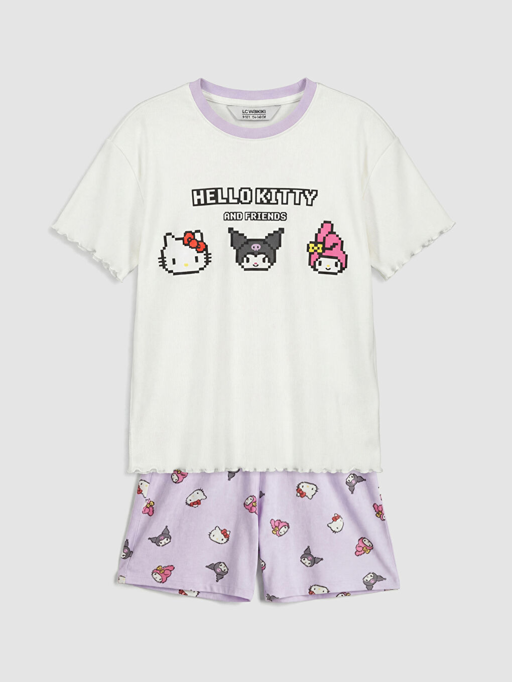 طقم بيجامة بناتي بطبعة هالو كيتي بياقة دائرية