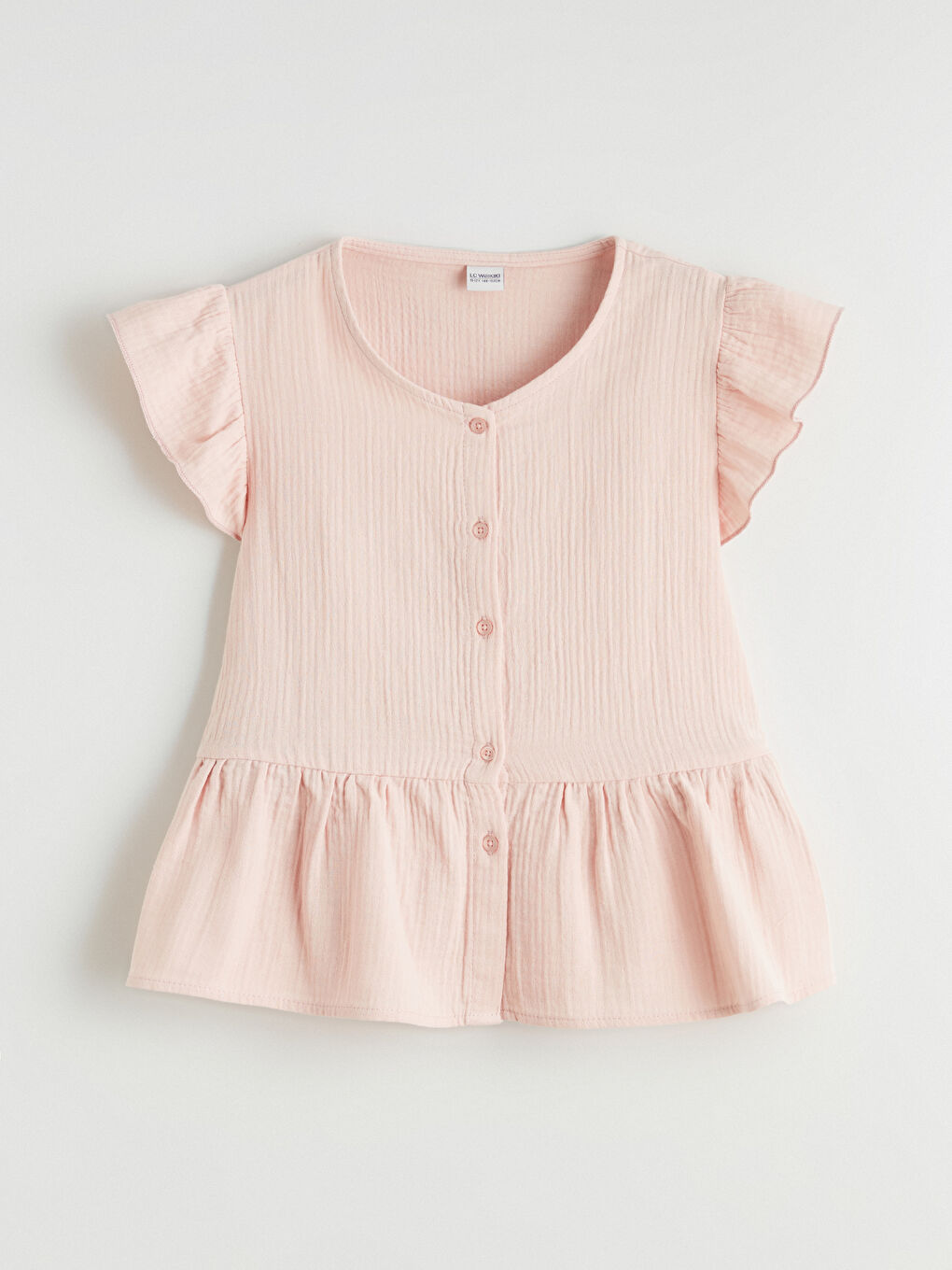 Pembe V Yaka Fırfır Detaylı Müslin Kız Çocuk Gömlek