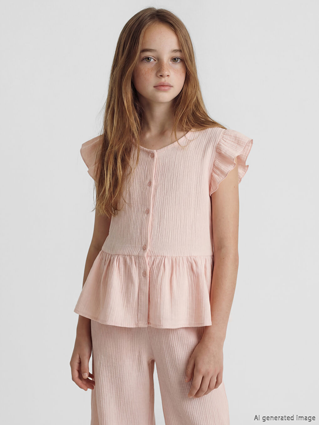 V Neck Ruffle Detail Muslin Girls' Shirt
