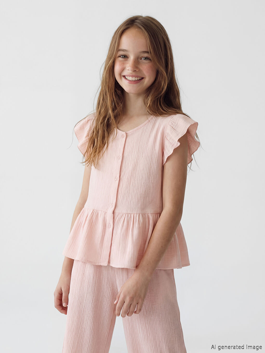 V Neck Ruffle Detail Muslin Girls' Shirt-1