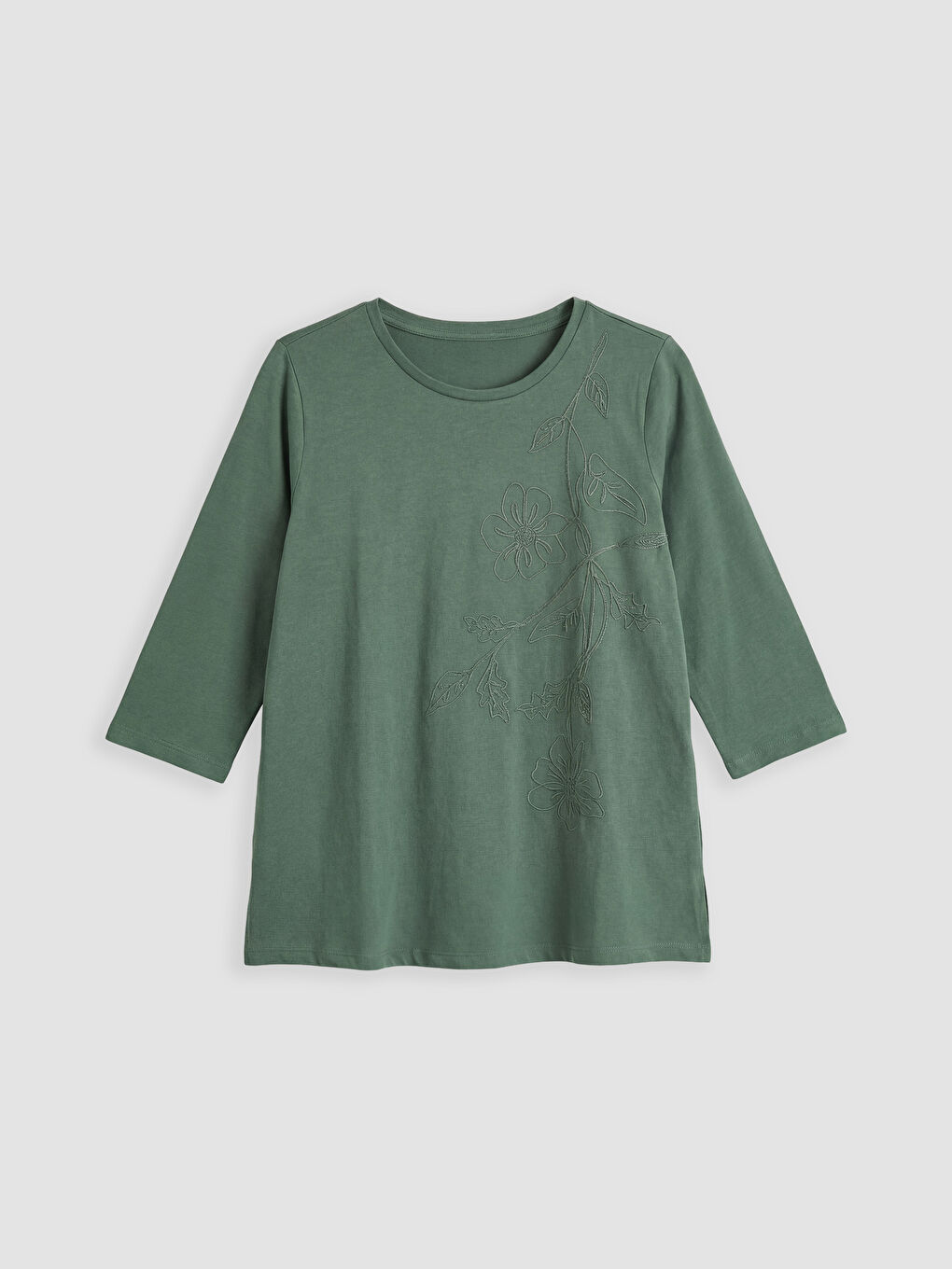 Yeşil Bisiklet Yaka Çiçek Nakışlı Kadın Tişört-4