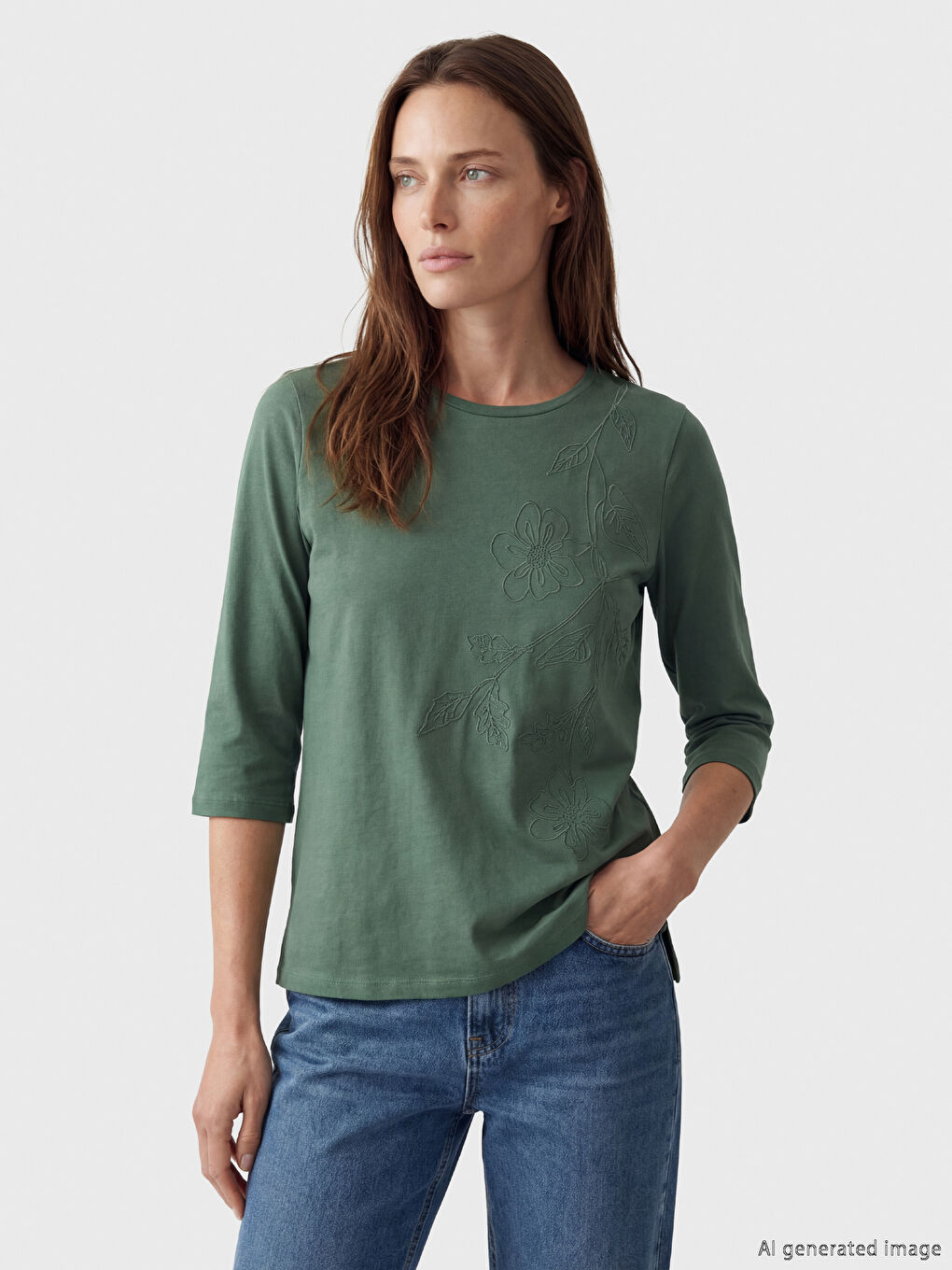 Yeşil Bisiklet Yaka Çiçek Nakışlı Kadın Tişört