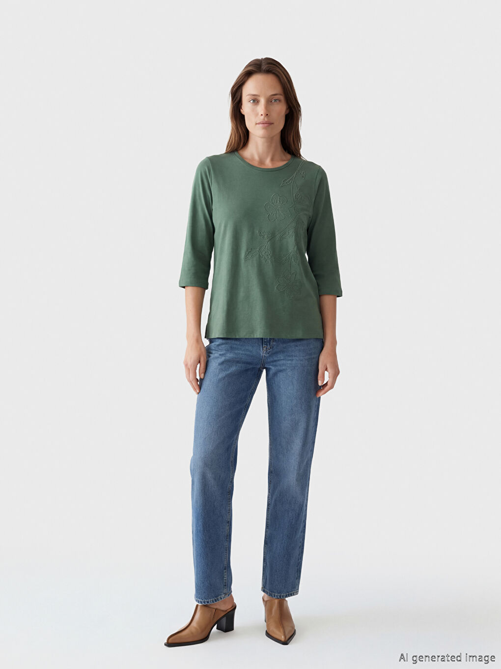 Yeşil Bisiklet Yaka Çiçek Nakışlı Kadın Tişört-1