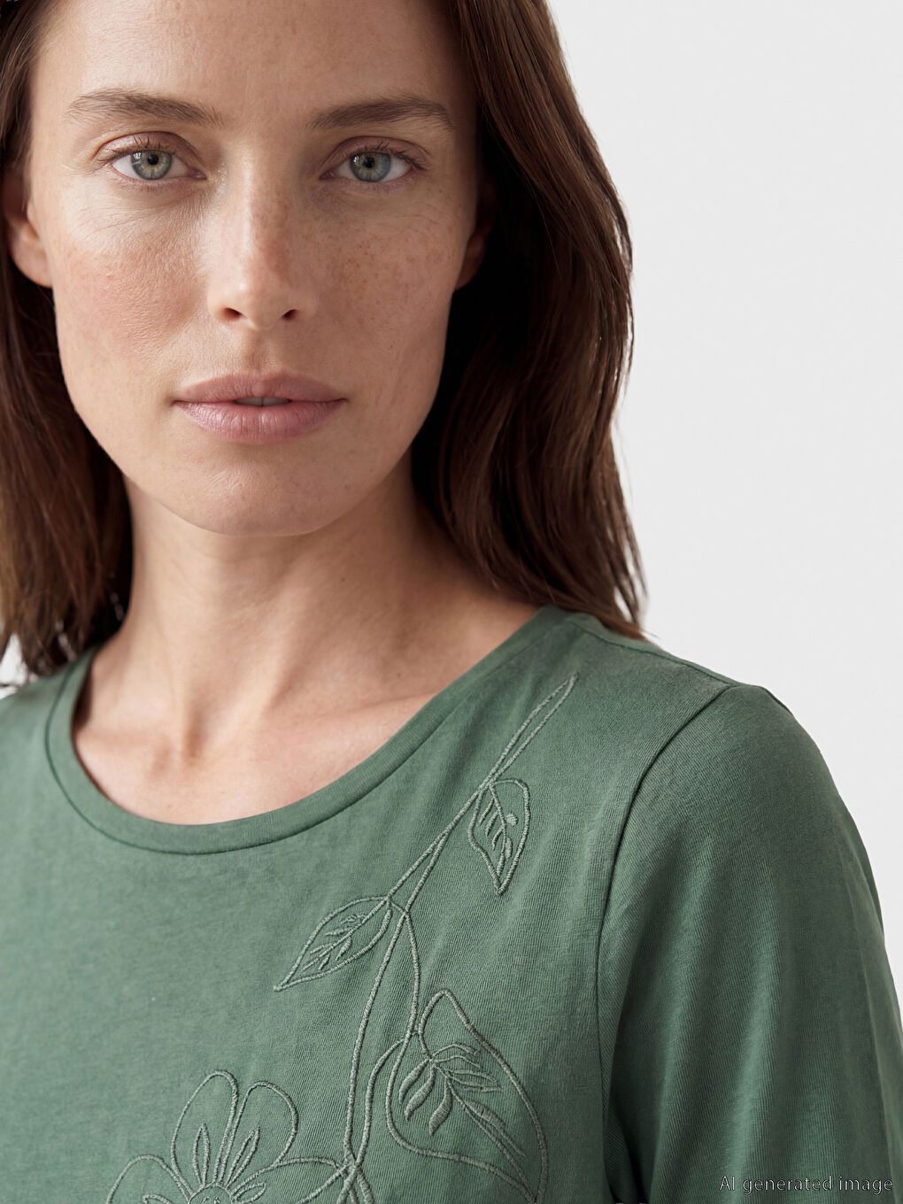 Yeşil Bisiklet Yaka Çiçek Nakışlı Kadın Tişört-2