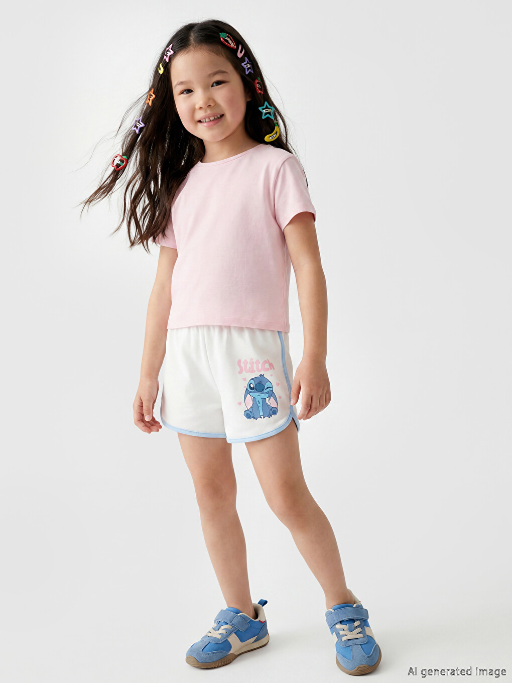 Beyaz Stitch Baskılı Kız Çocuk Şort