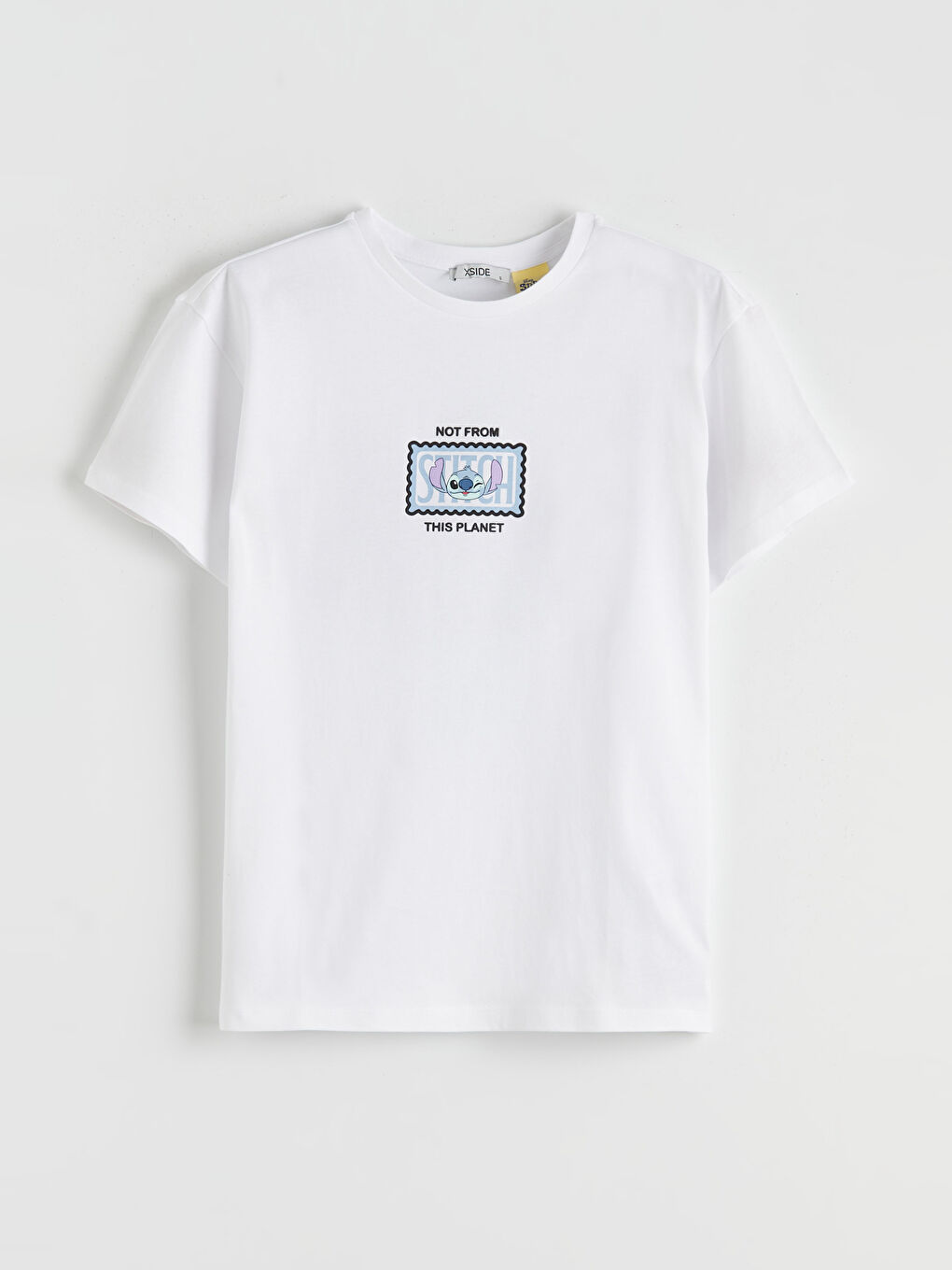 дөңгелек жағалы ститч принтті әйелдер футболкасы-4