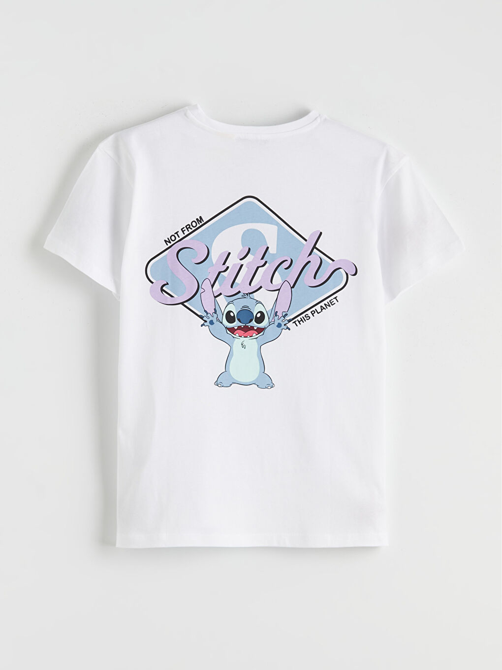 дөңгелек жағалы ститч принтті әйелдер футболкасы-5