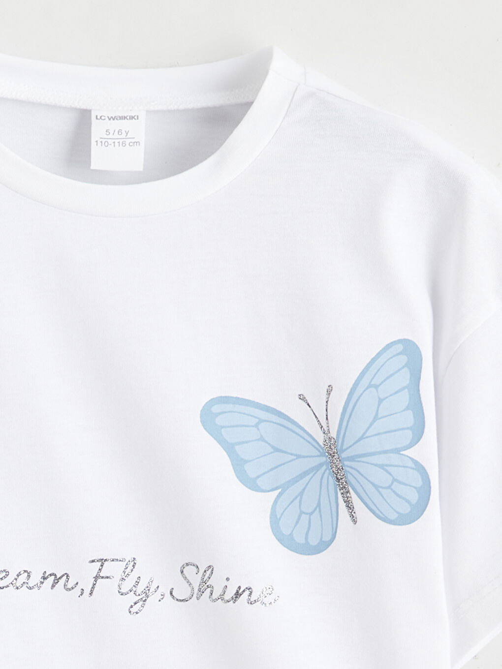 Beyaz Kelebek Baskılı Kız Çocuk Tişört-1