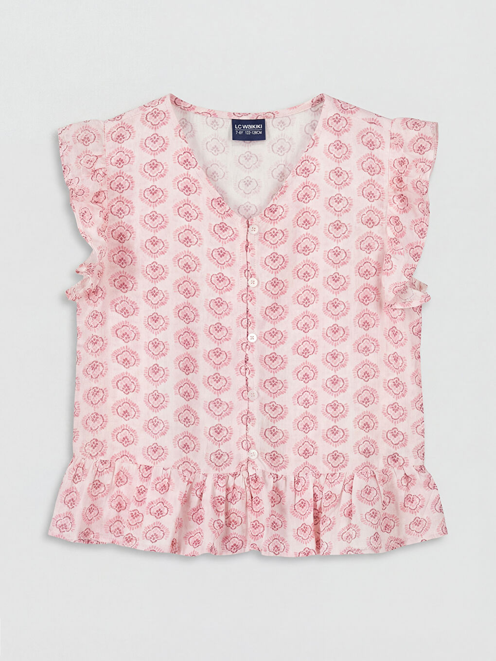 Pembe Desenli Fırfırlı Kız Çocuk Gömlek