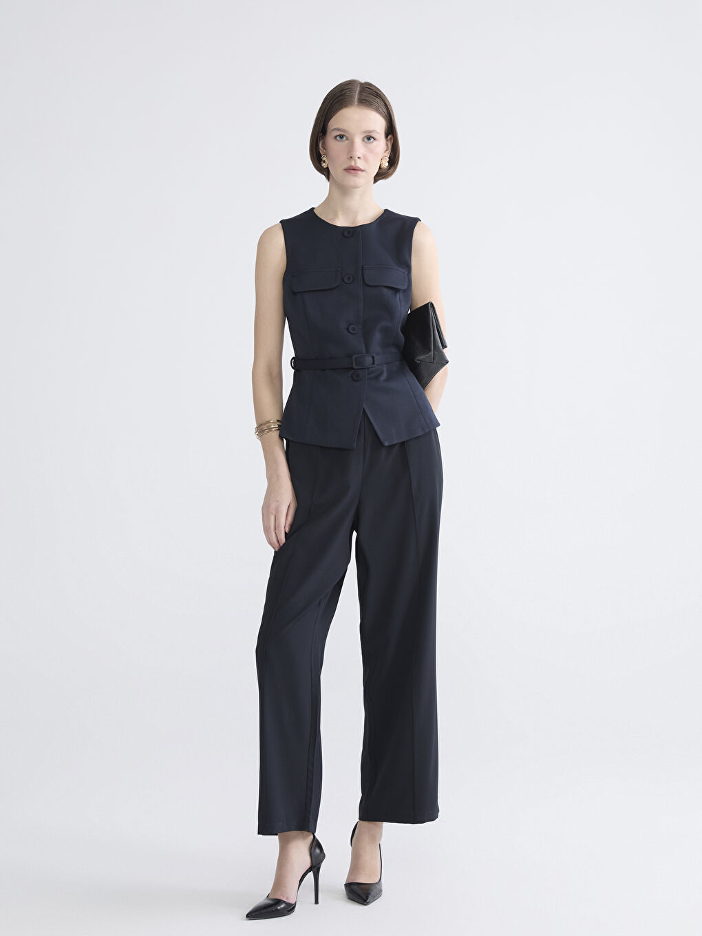 Lacivert Bisiklet Yaka Beli Kemerli Kadın Yelek-1