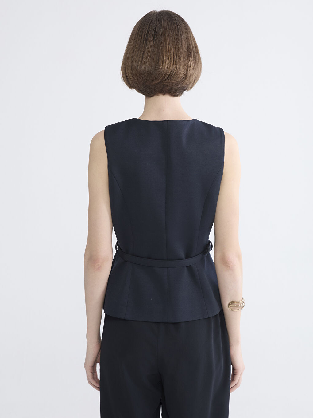 Lacivert Bisiklet Yaka Beli Kemerli Kadın Yelek-3