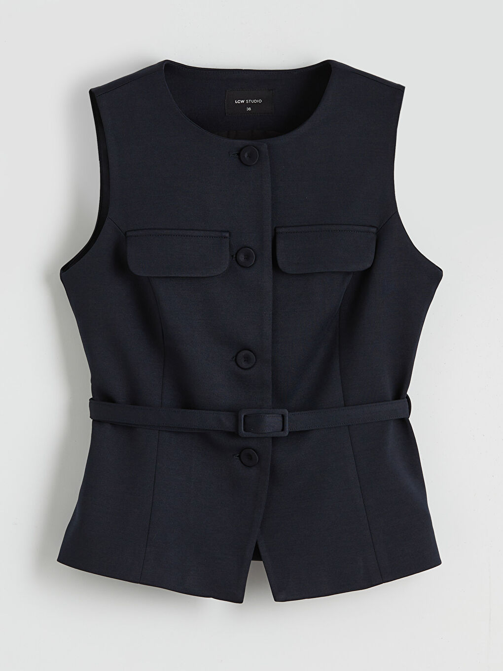 Lacivert Bisiklet Yaka Beli Kemerli Kadın Yelek-4