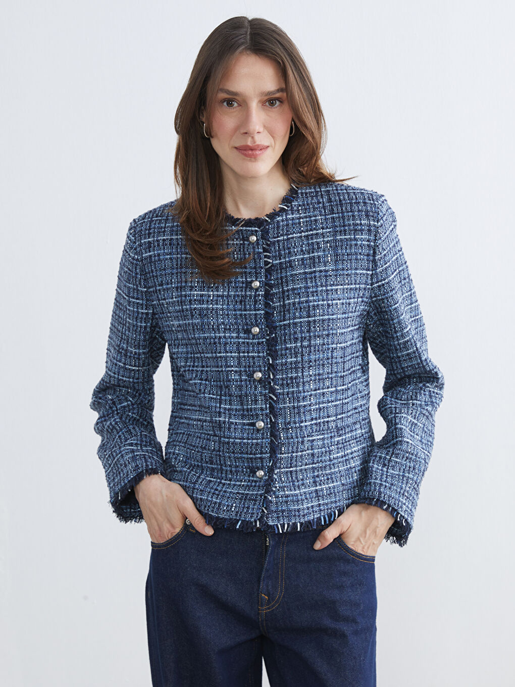 Lacivert Bisiklet Yaka Ekose Kadın Tüvit Ceket