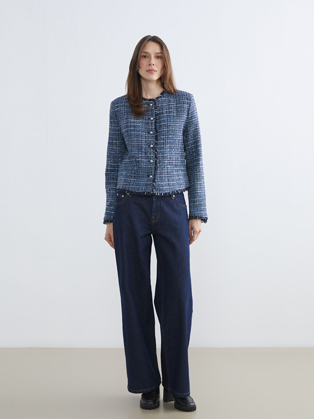 Lacivert Bisiklet Yaka Ekose Kadın Tüvit Ceket-1