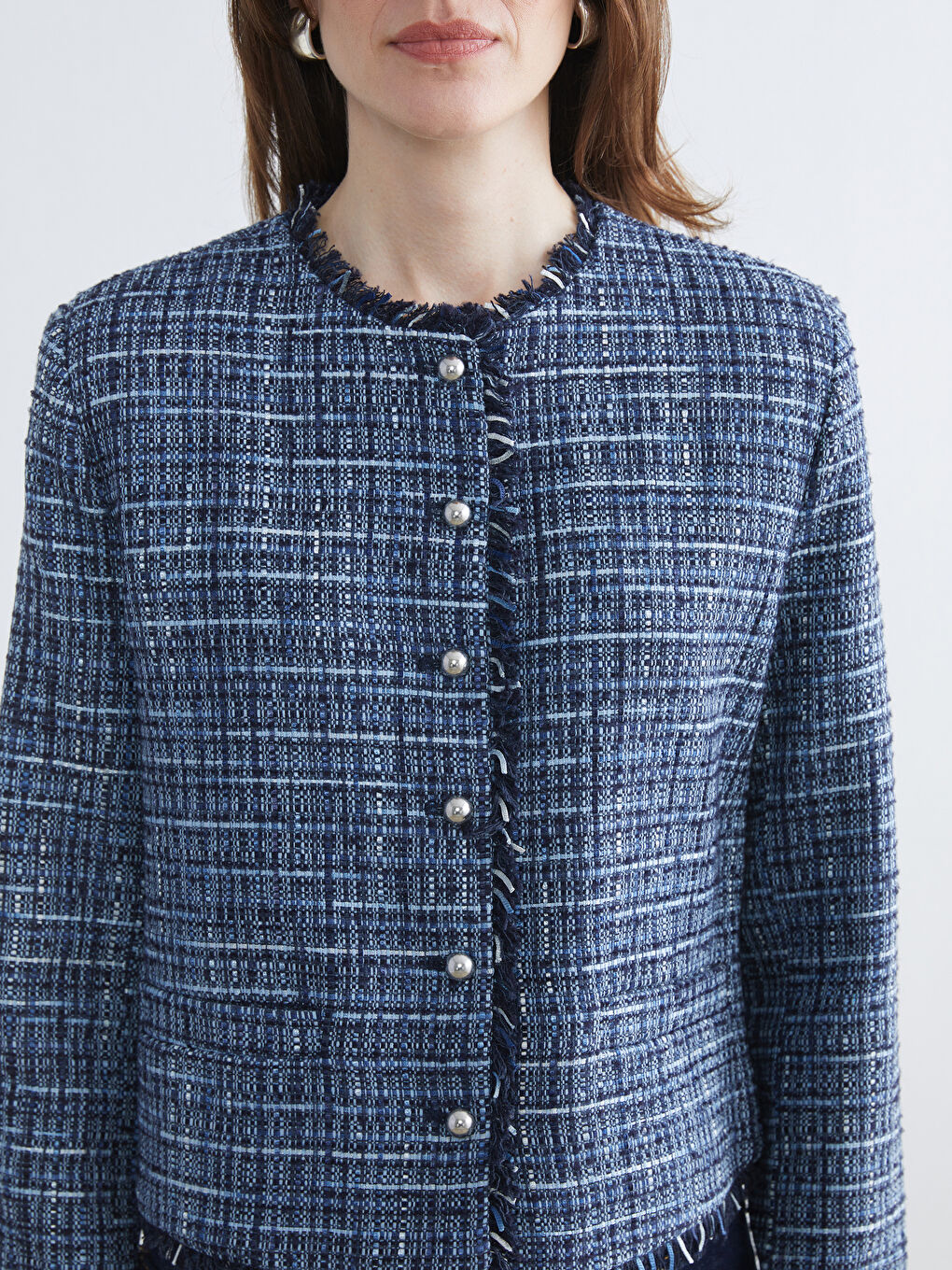 Lacivert Bisiklet Yaka Ekose Kadın Tüvit Ceket-2