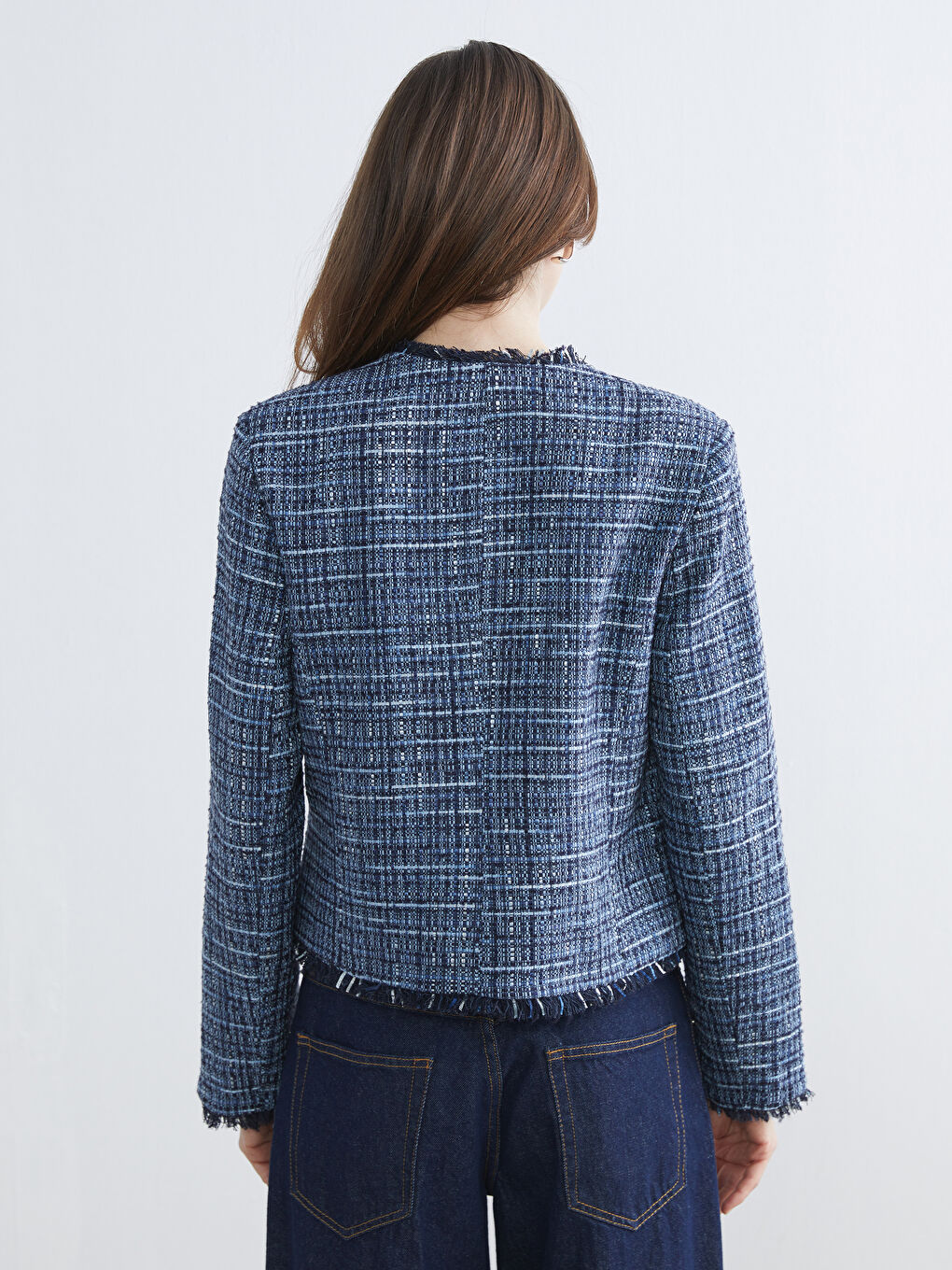 Lacivert Bisiklet Yaka Ekose Kadın Tüvit Ceket-3