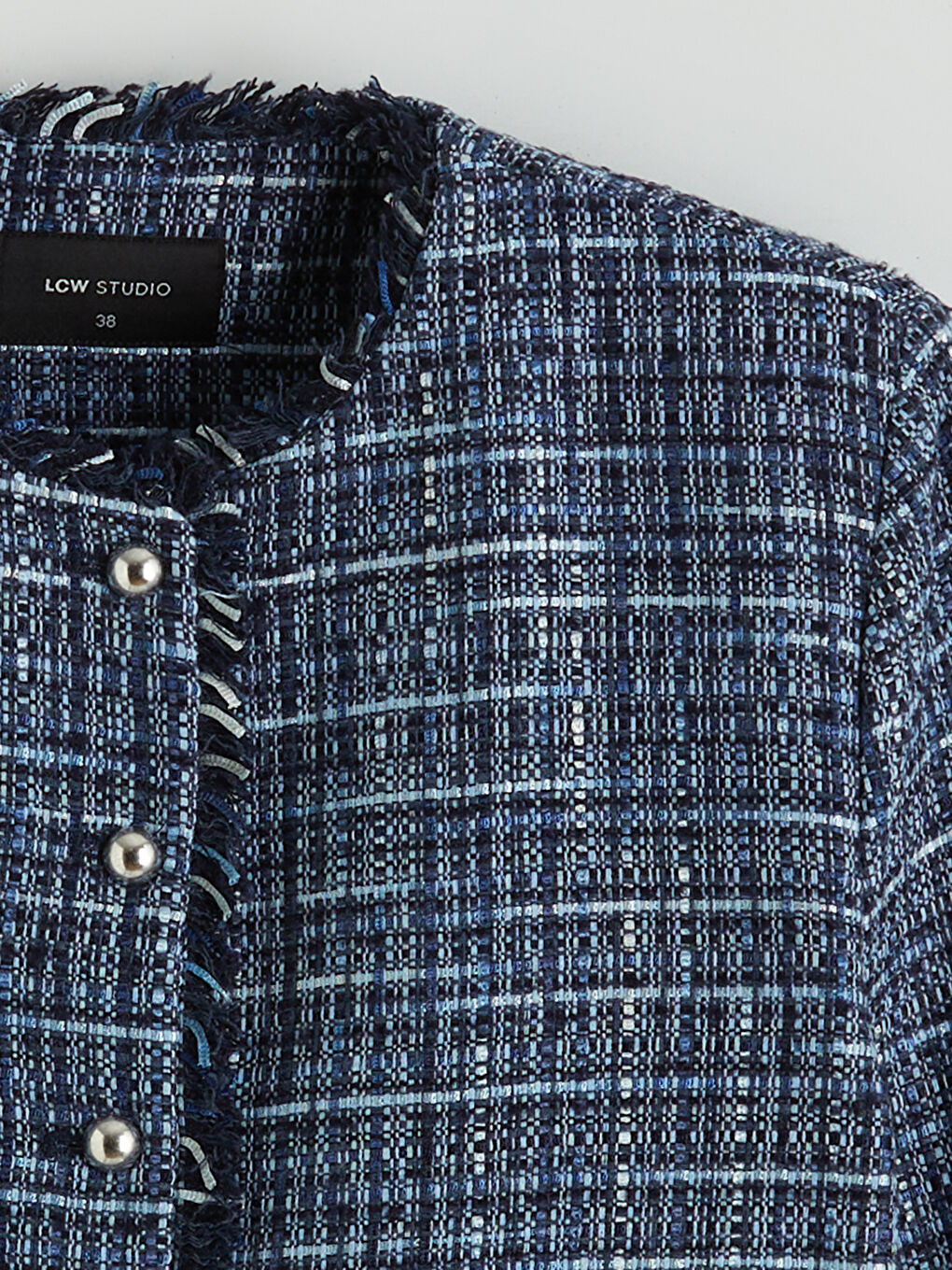 Lacivert Bisiklet Yaka Ekose Kadın Tüvit Ceket-5