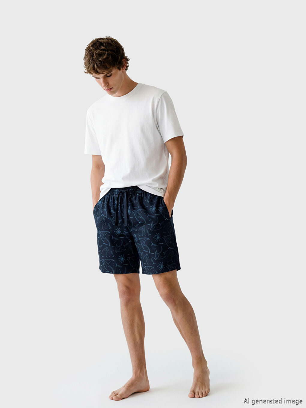 Lacivert Slim Fit Baskılı Erkek Pijama Alt Şort