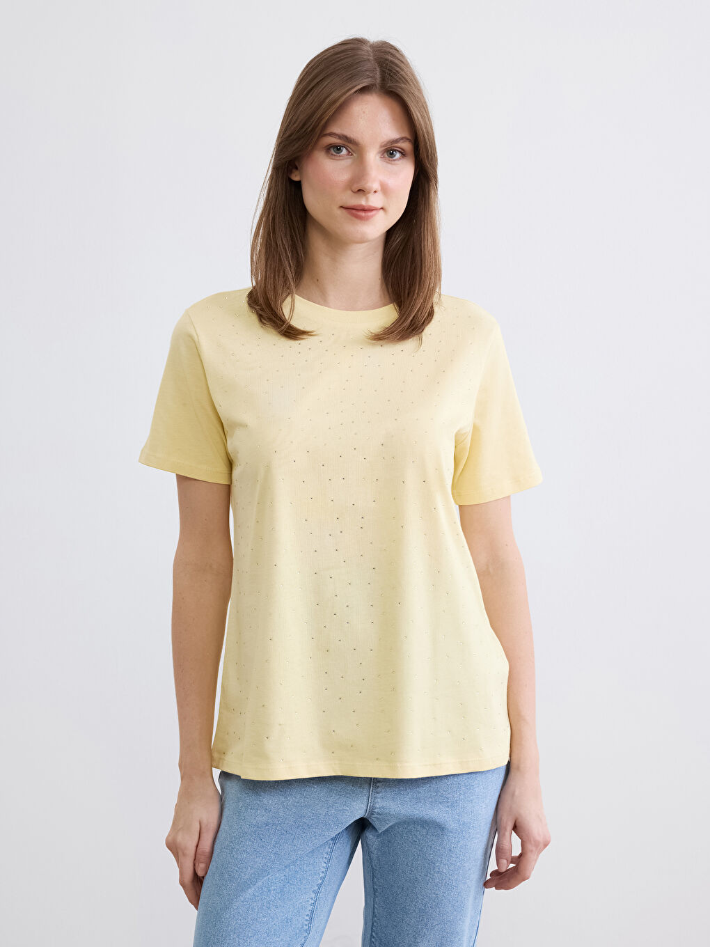 Sarı Bisiklet Yaka Taşlı Kadın Tişört