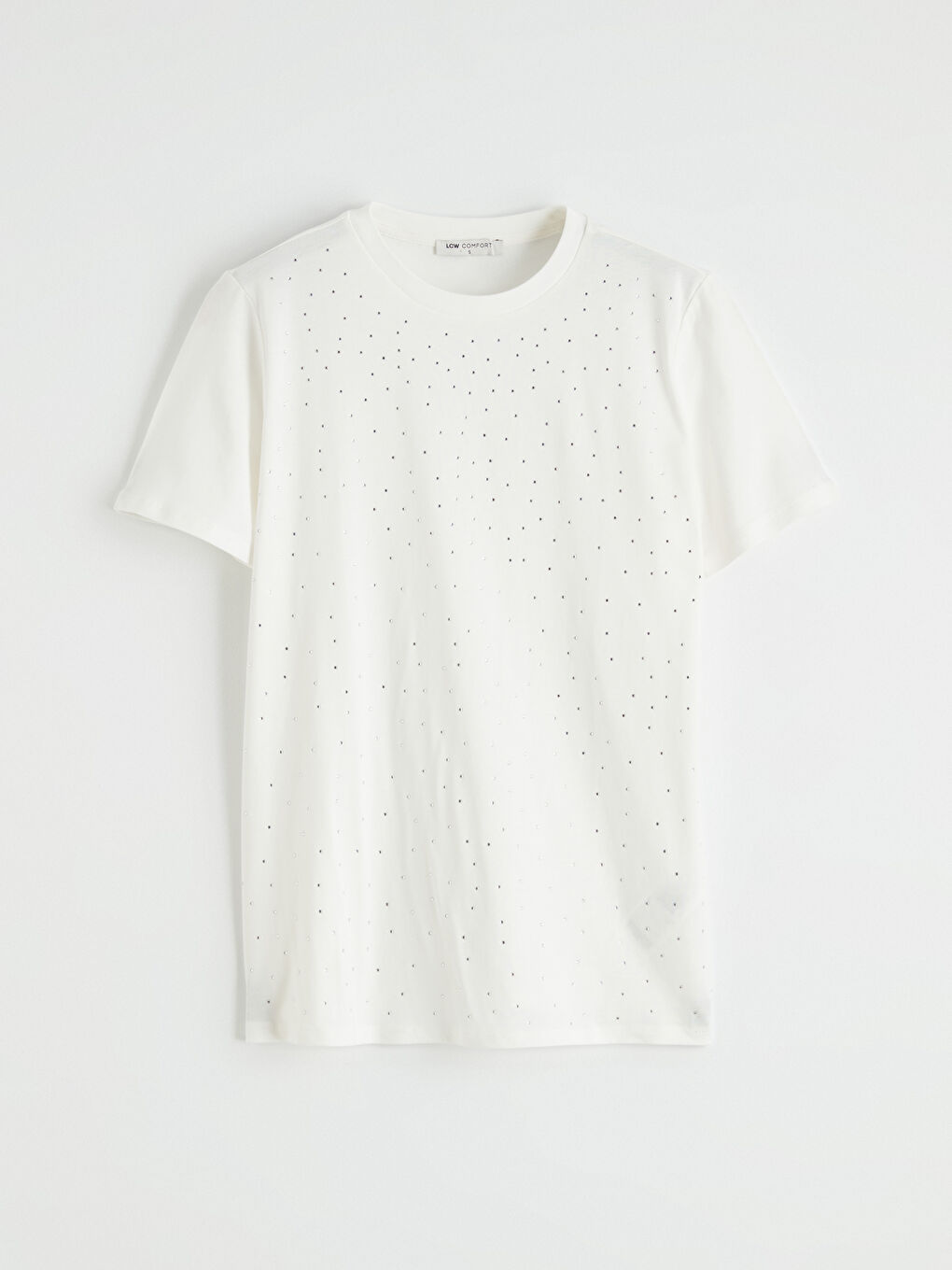 Beyaz Bisiklet Yaka Taşlı Kadın Tişört-4