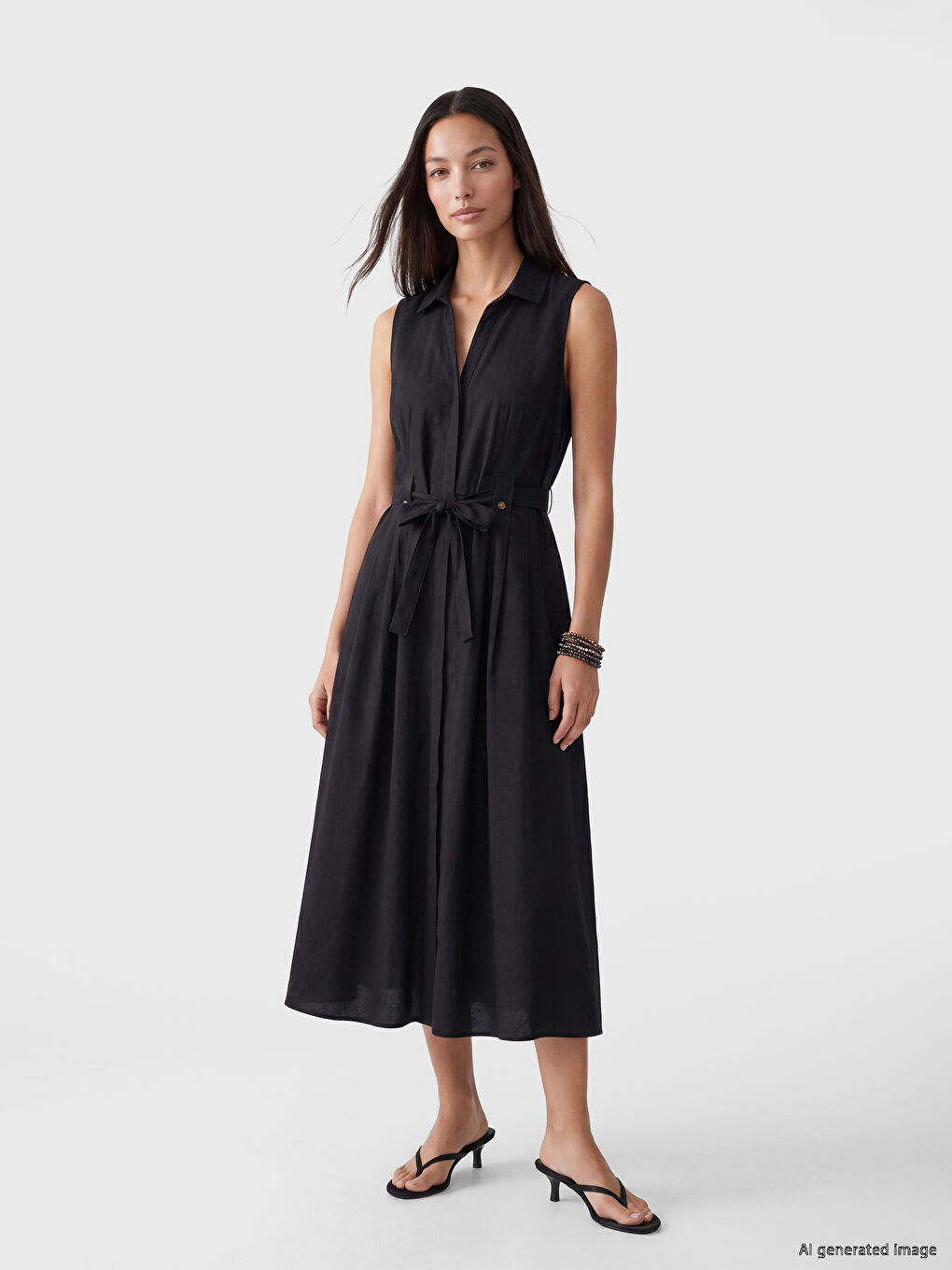 Collared Neck Sleeveless Women's Dress with Belt-1