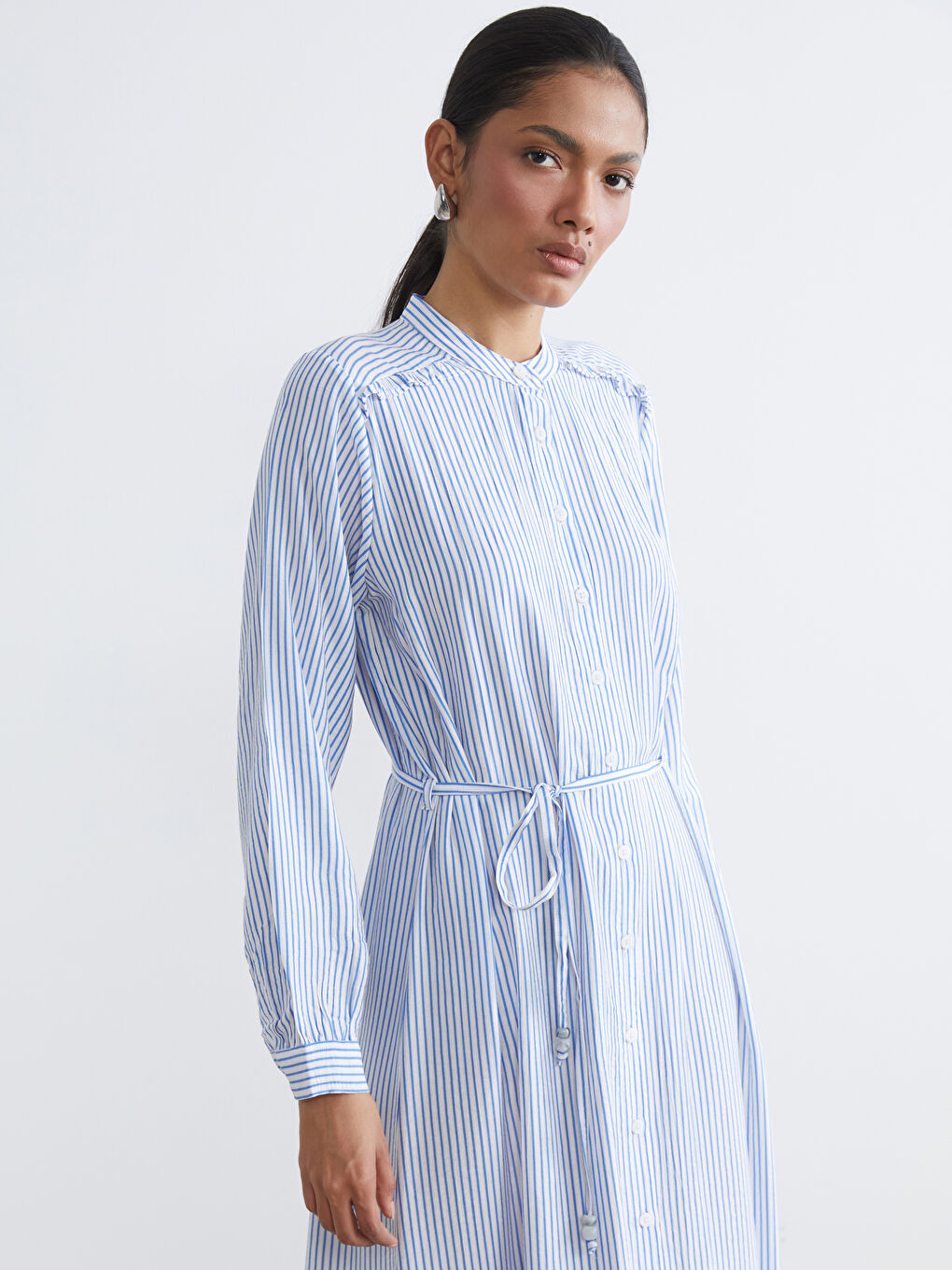 Grandad Collar Striped Shirt Dress-1