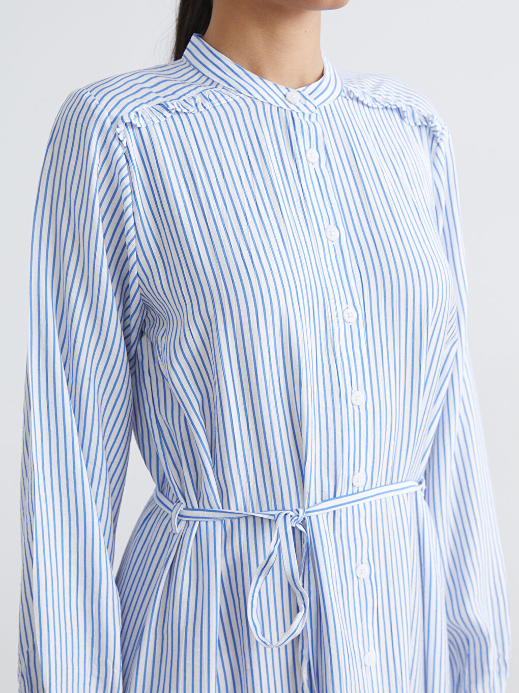 Grandad Collar Striped Shirt Dress-2