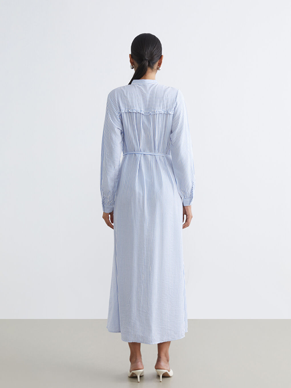 Grandad Collar Striped Shirt Dress-3