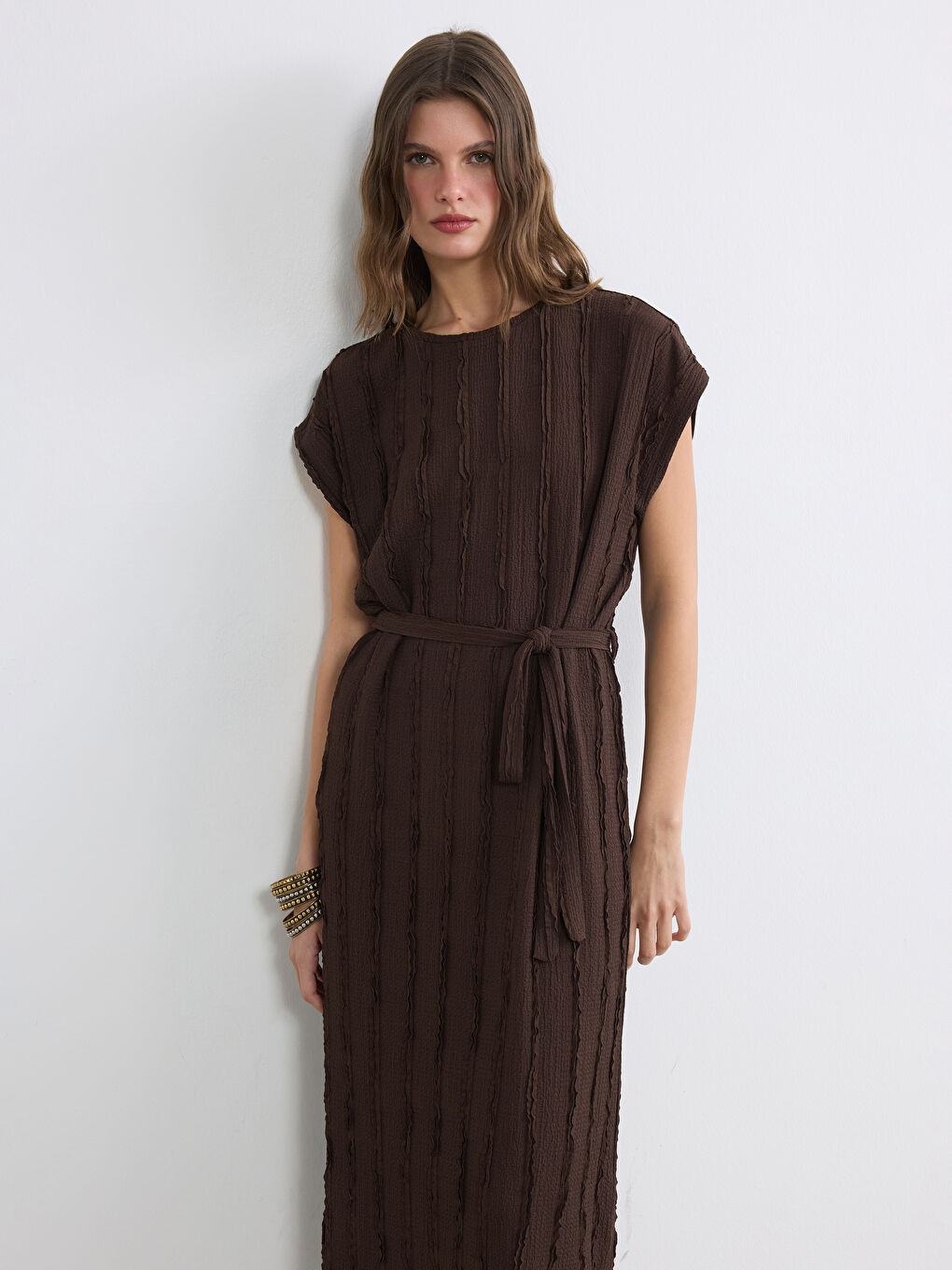 Crew Neck Textured Sash Dress