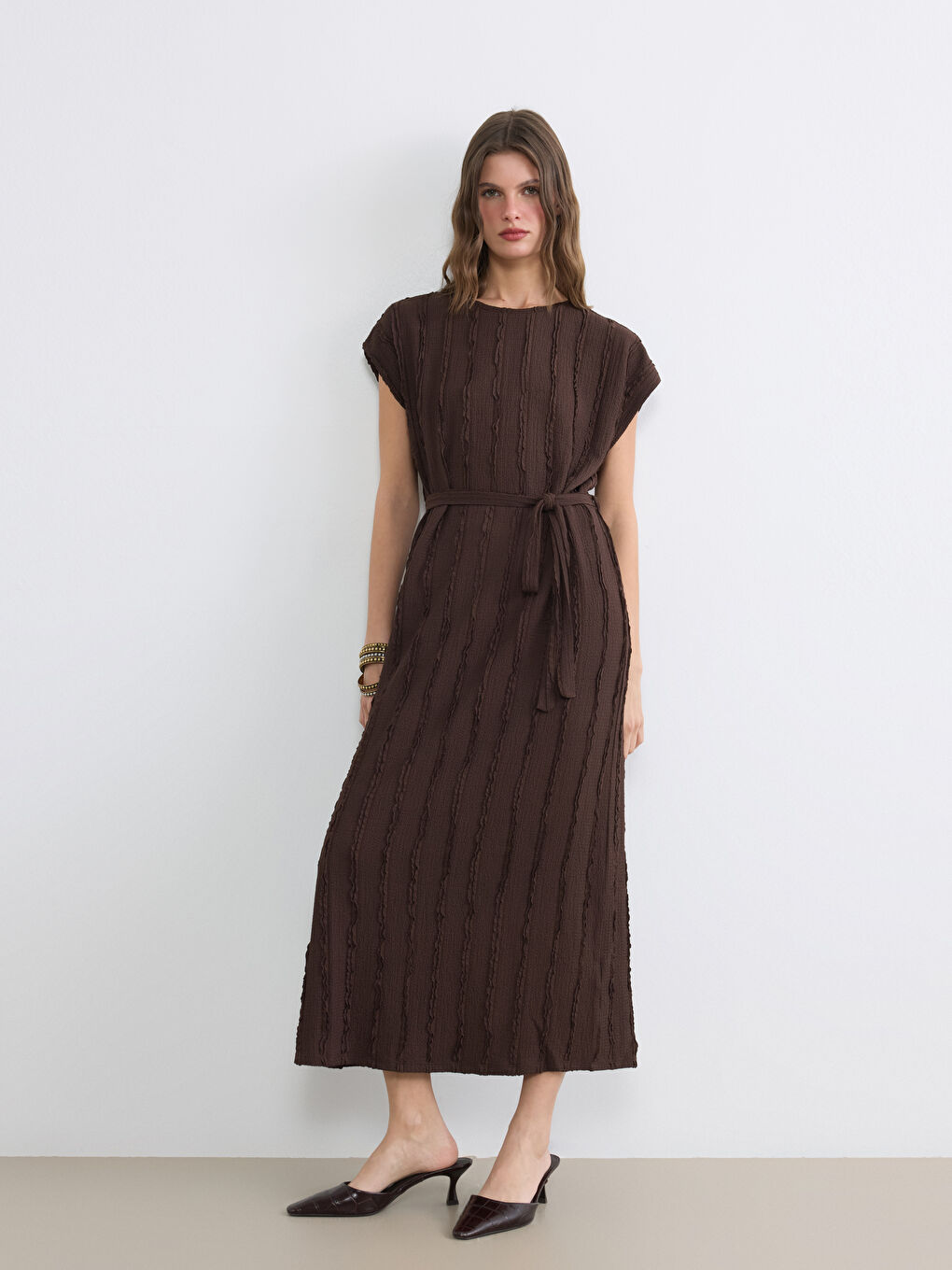 Crew Neck Textured Sash Dress-1