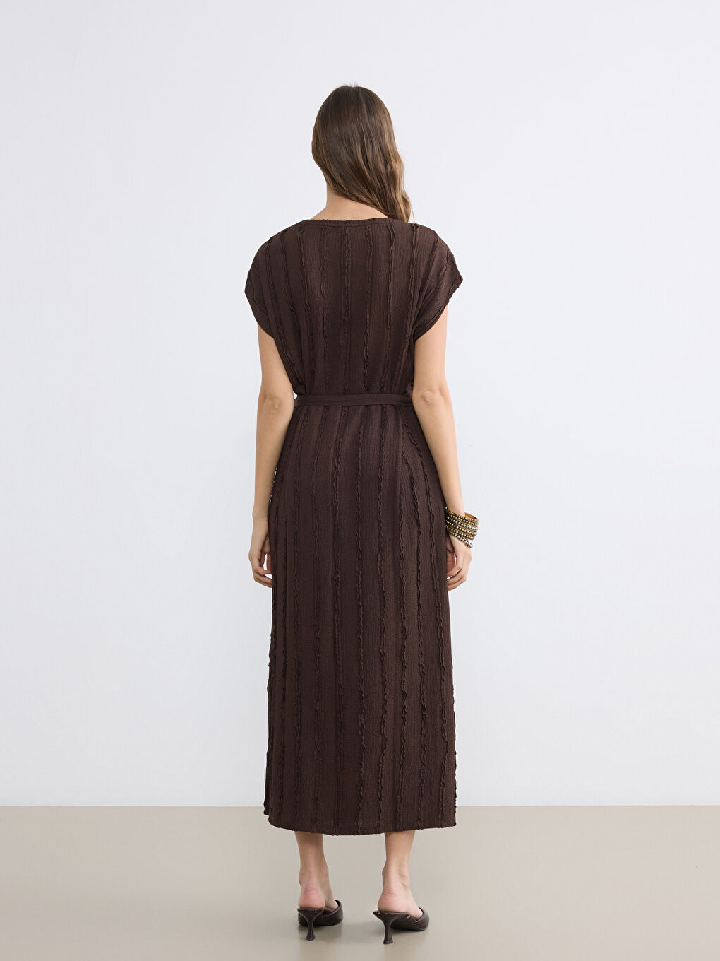 Crew Neck Textured Sash Dress-3