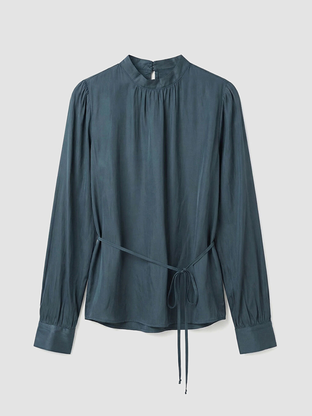 Petrol Dik Yaka Belden Bağlamalı Büzgülü Bluz-4