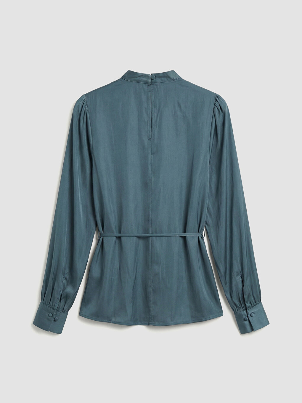 Petrol Dik Yaka Belden Bağlamalı Büzgülü Bluz-5