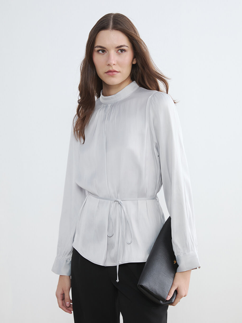 High Neckline, Self-Tie Waist, and Ruched Blouse