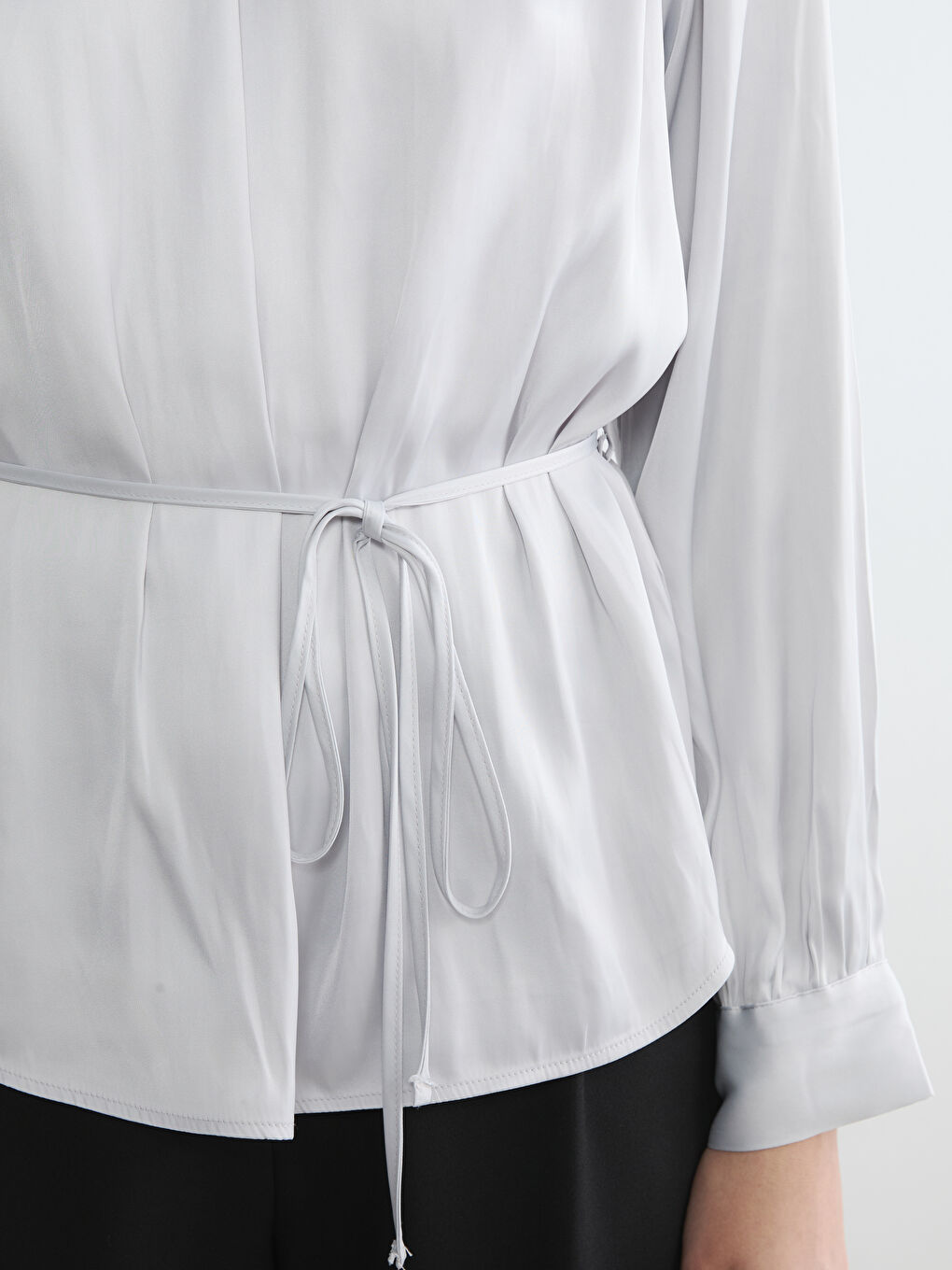 High Neckline, Self-Tie Waist, and Ruched Blouse-2