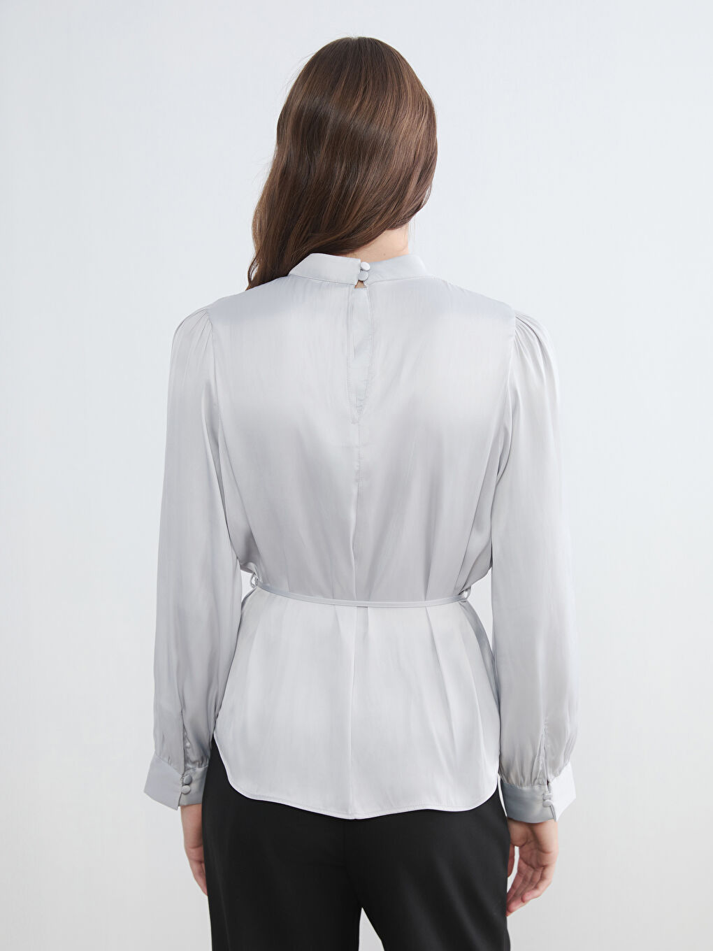 High Neckline, Self-Tie Waist, and Ruched Blouse-3