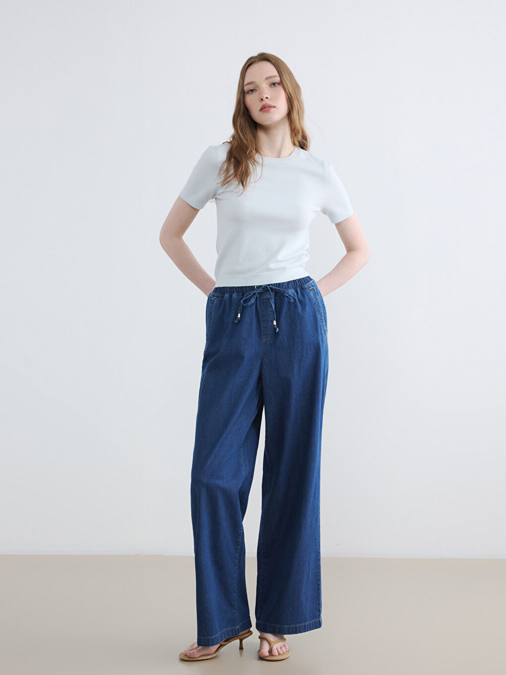 İndigo Beli Lastikli Wideleg Kadın Jean Pantolon