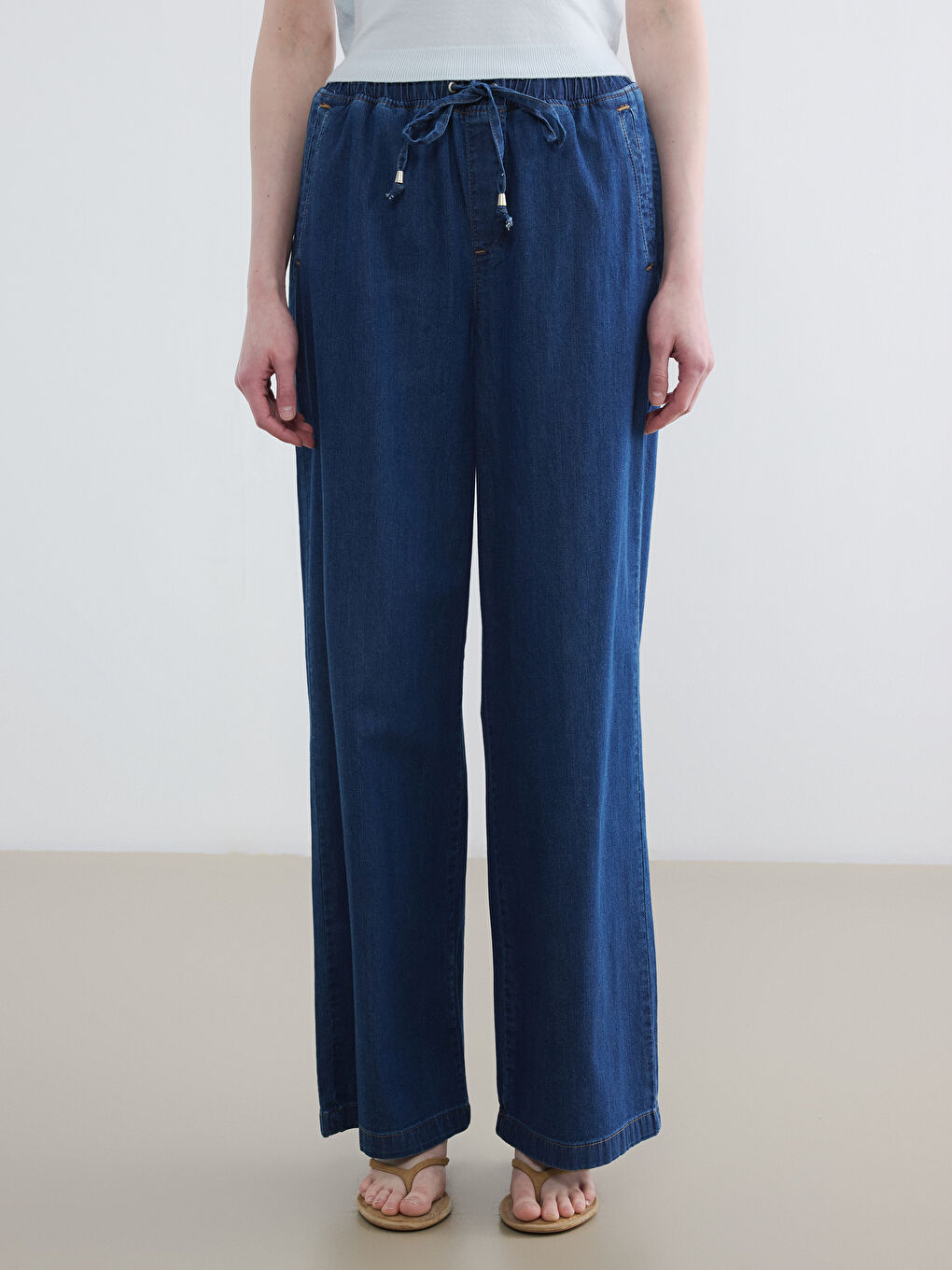 İndigo Beli Lastikli Wideleg Kadın Jean Pantolon-1