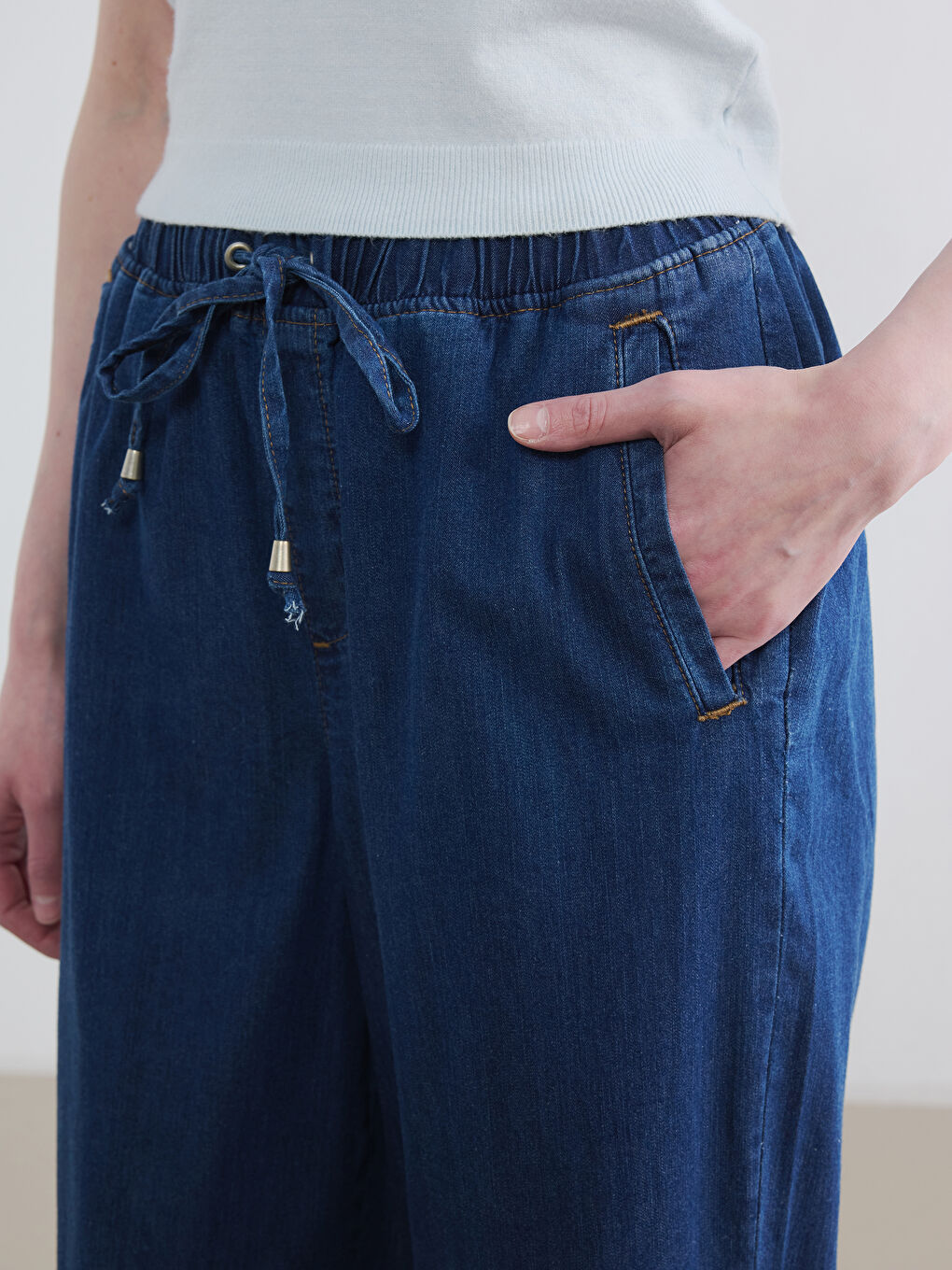 İndigo Beli Lastikli Wideleg Kadın Jean Pantolon-2
